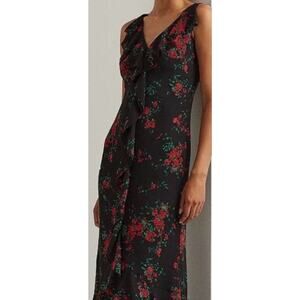 Lauren Ralph Lauren Maxi Dress Gown 14 Black Red Floral Sleeveless Pleated